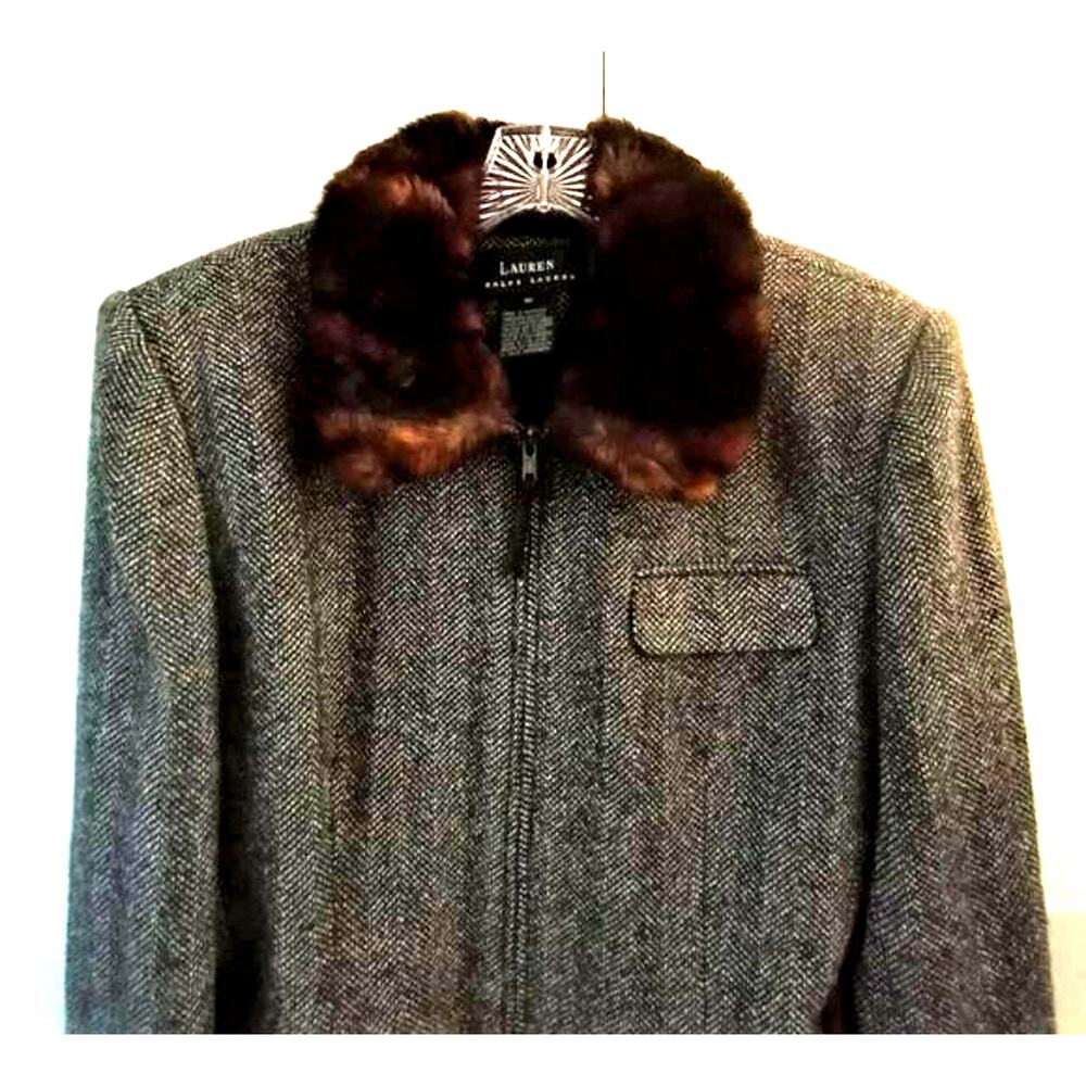 Vintage Lauren Ralph Lauren Gray Wool Silk Herringbone Faux Collar Coat 10